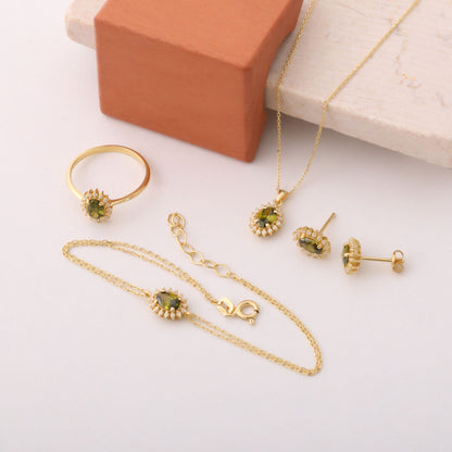 Oval Cut Peridot Necklace with Real Diamonds, 14K Solid Gold, August Birthstone Pendant