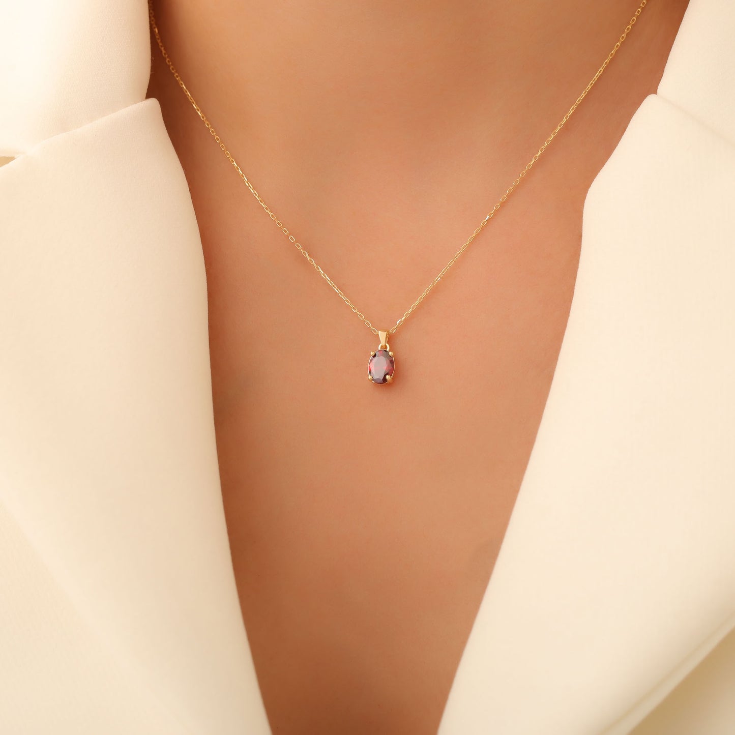 Garnet Oval Necklace in 14K Solid Gold | January Birthstone Pendant