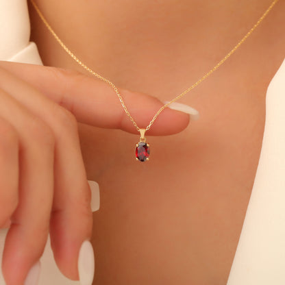 Garnet Oval Necklace in 14K Solid Gold | January Birthstone Pendant