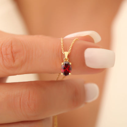 Garnet Oval Necklace in 14K Solid Gold | January Birthstone Pendant