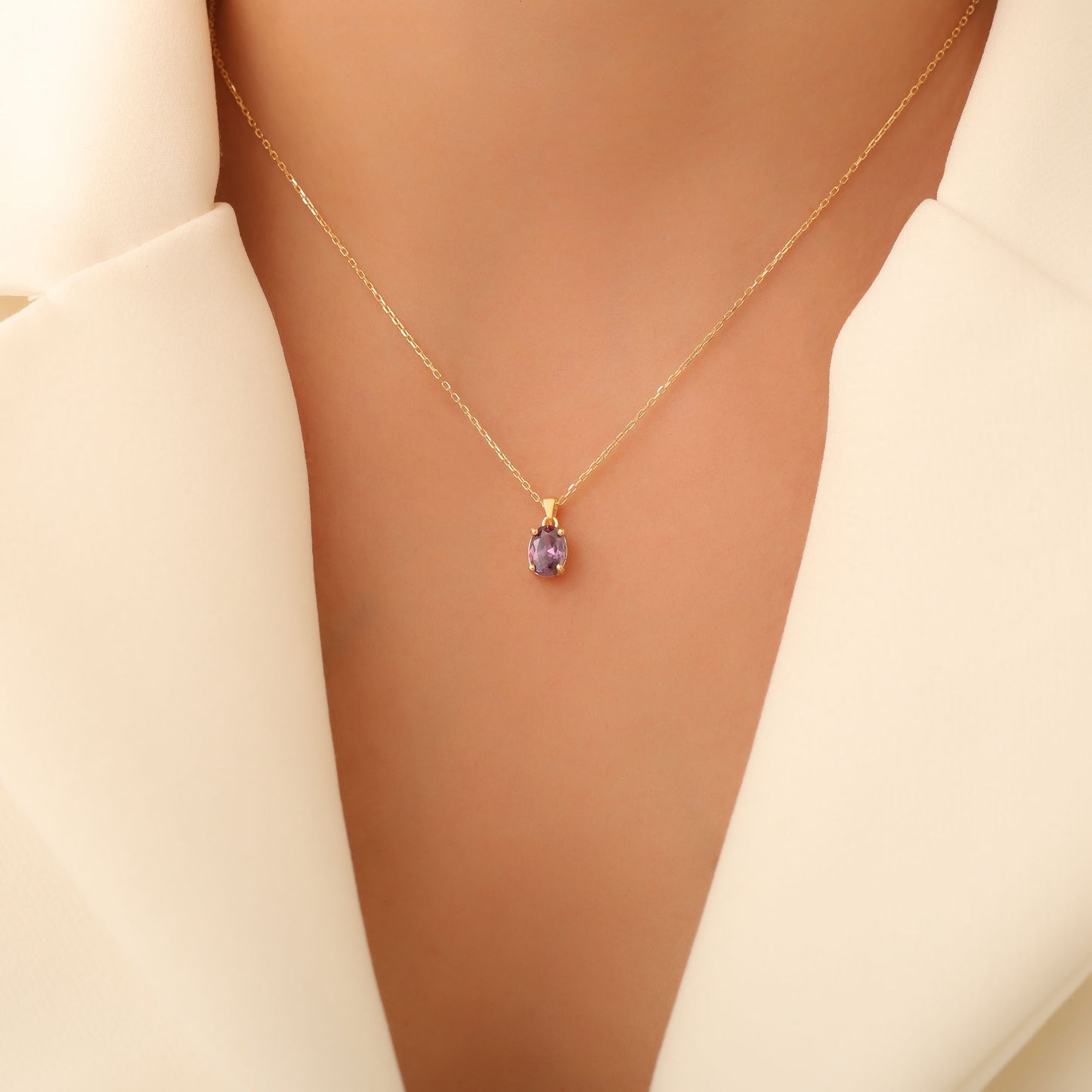 Amethyst Oval Necklace in 14K Solid Gold | February Birthstone Pendant