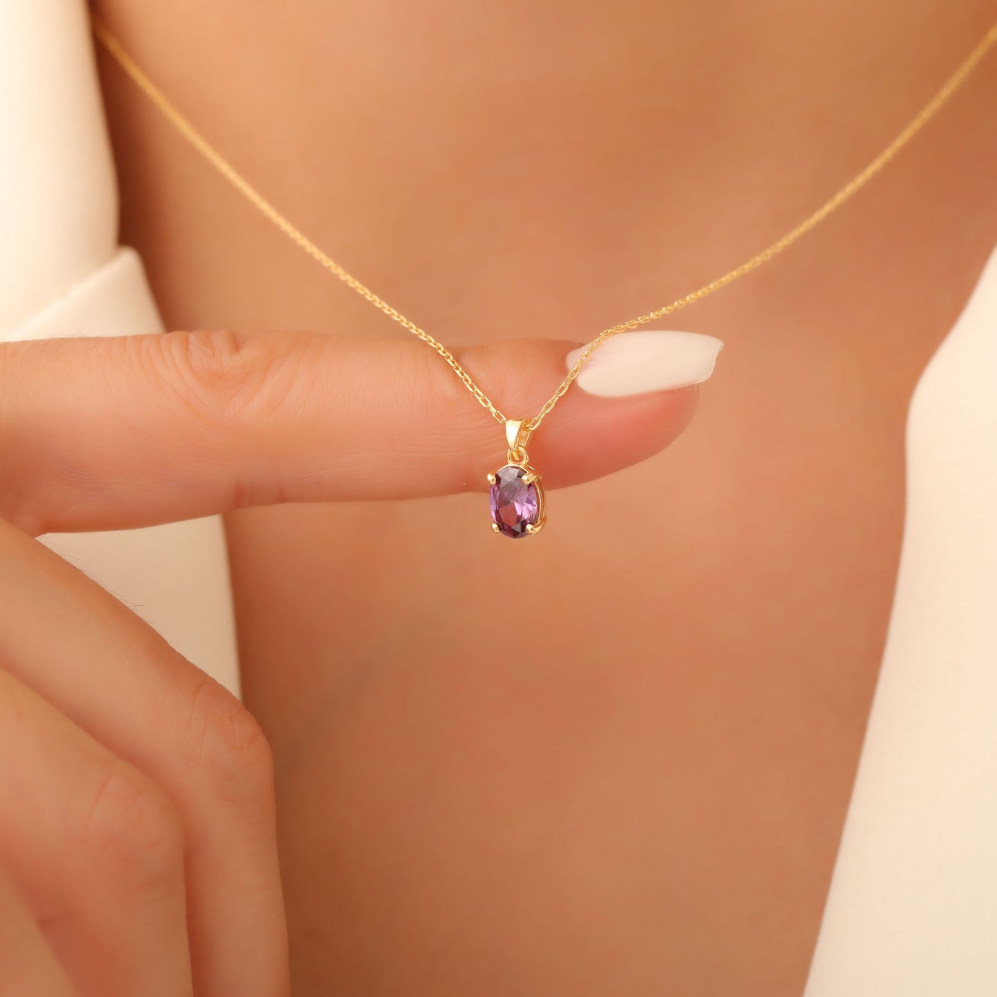 Amethyst Oval Necklace in 14K Solid Gold | February Birthstone Pendant