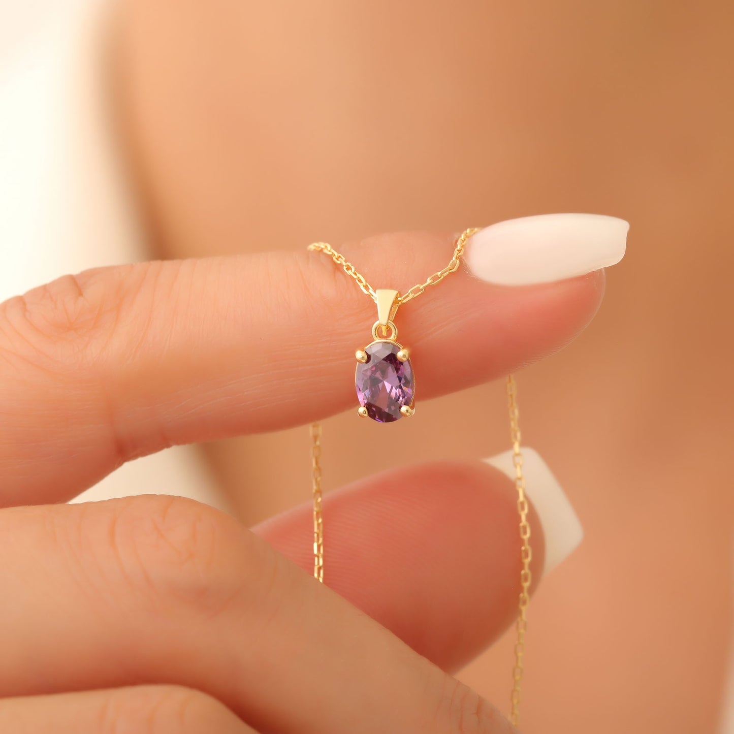 Amethyst Oval Necklace in 14K Solid Gold | February Birthstone Pendant