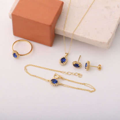 Oval Cut Sapphire Necklace with Real Diamonds, 14K Solid Gold, September Birthstone Pendant