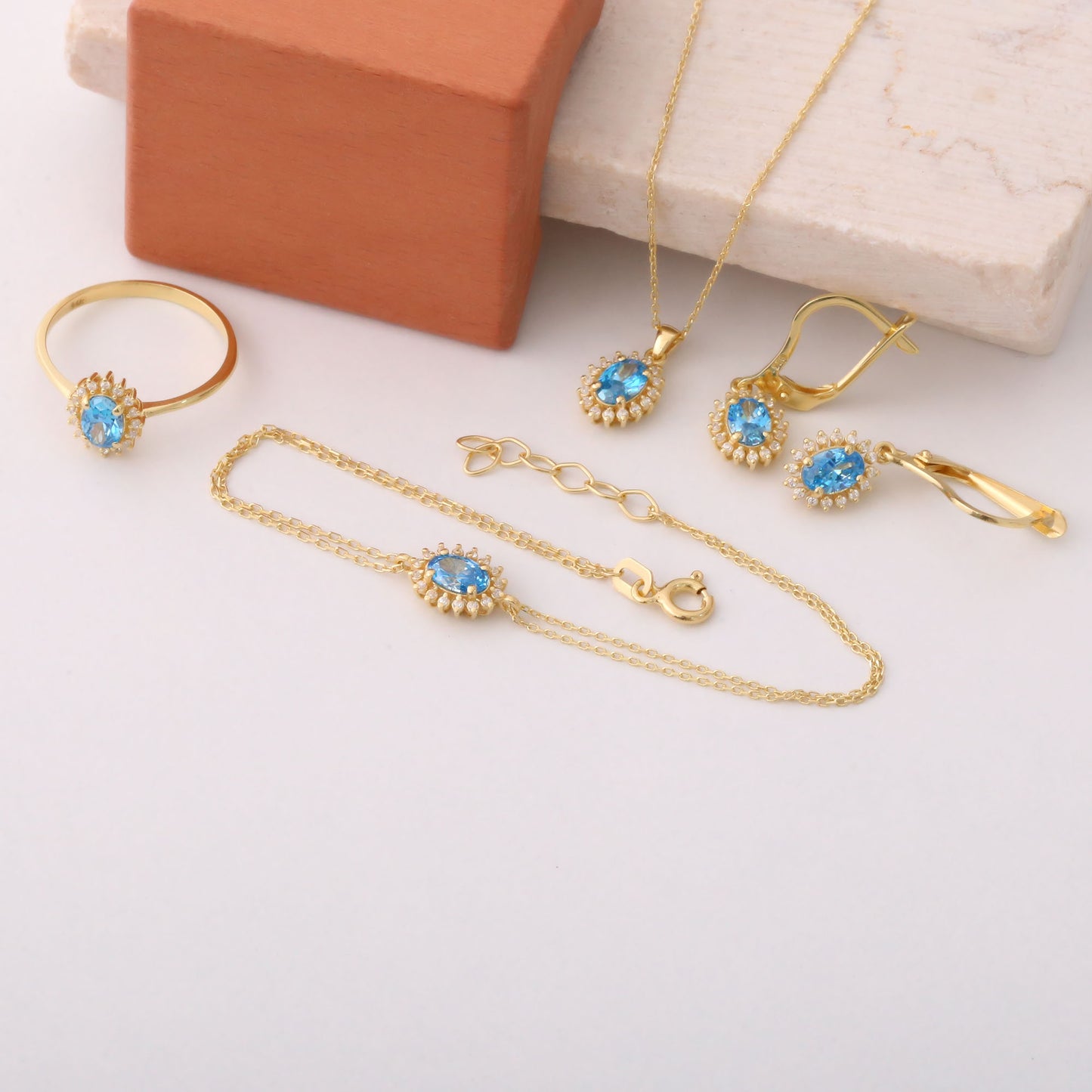 Oval Cut Blue Topaz Necklace with Real Diamonds, 14K Solid Gold, December Birthstone Pendant