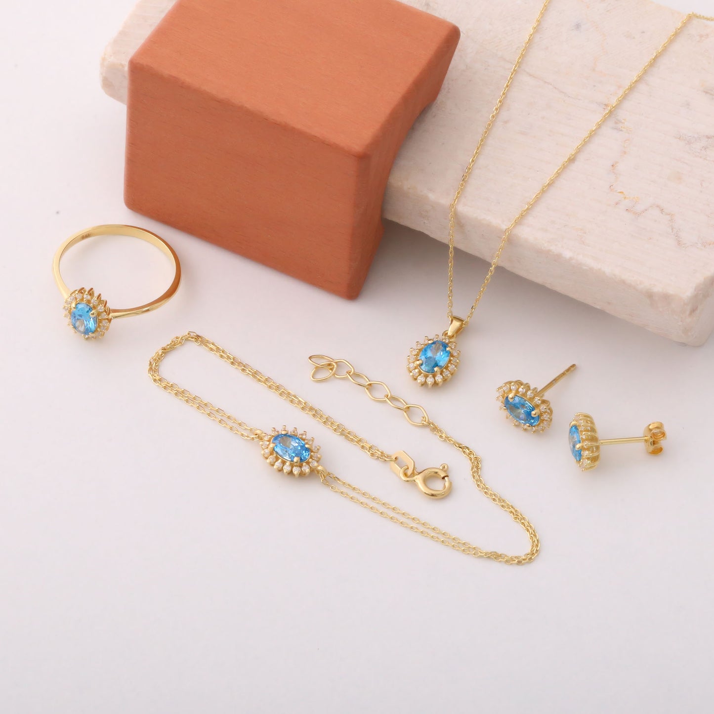 Oval Cut Blue Topaz Necklace with Real Diamonds, 14K Solid Gold, December Birthstone Pendant