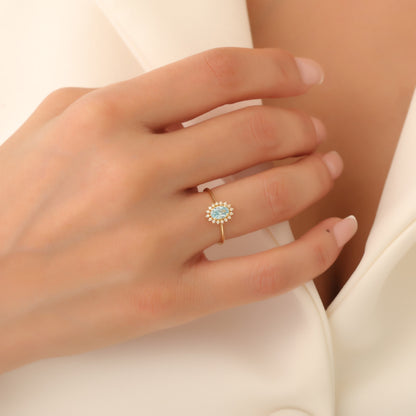 Aquamarine Oval Ring 14K Solid Gold Surrounded by Real Diamonds, March Birthstone Gift