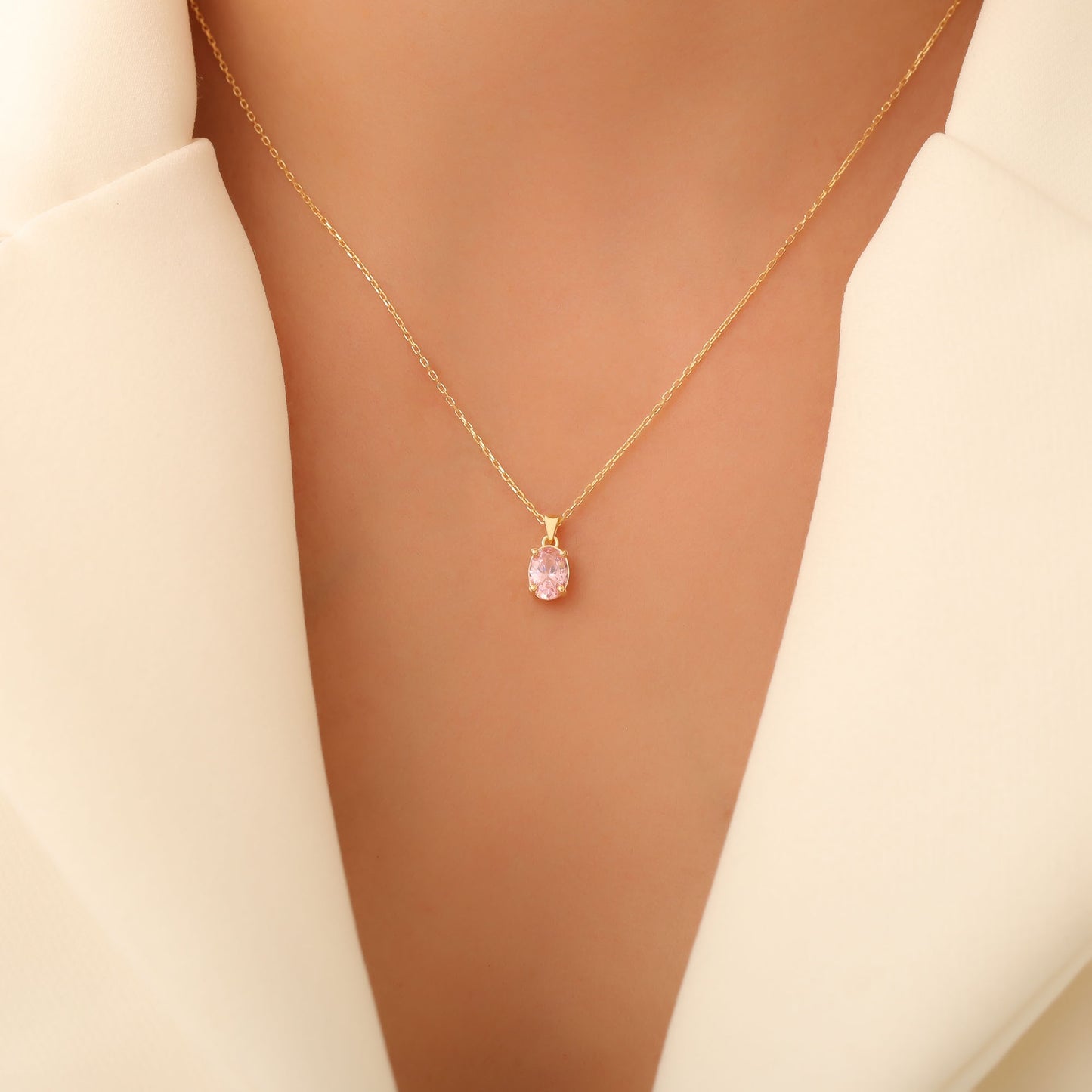 Pink Tourmaline Oval Necklace in 14K Solid Gold | October Birthstone Pendant