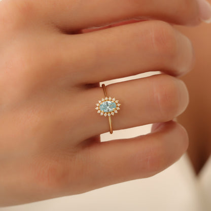 Aquamarine Oval Ring 14K Solid Gold Surrounded by Real Diamonds, March Birthstone Gift