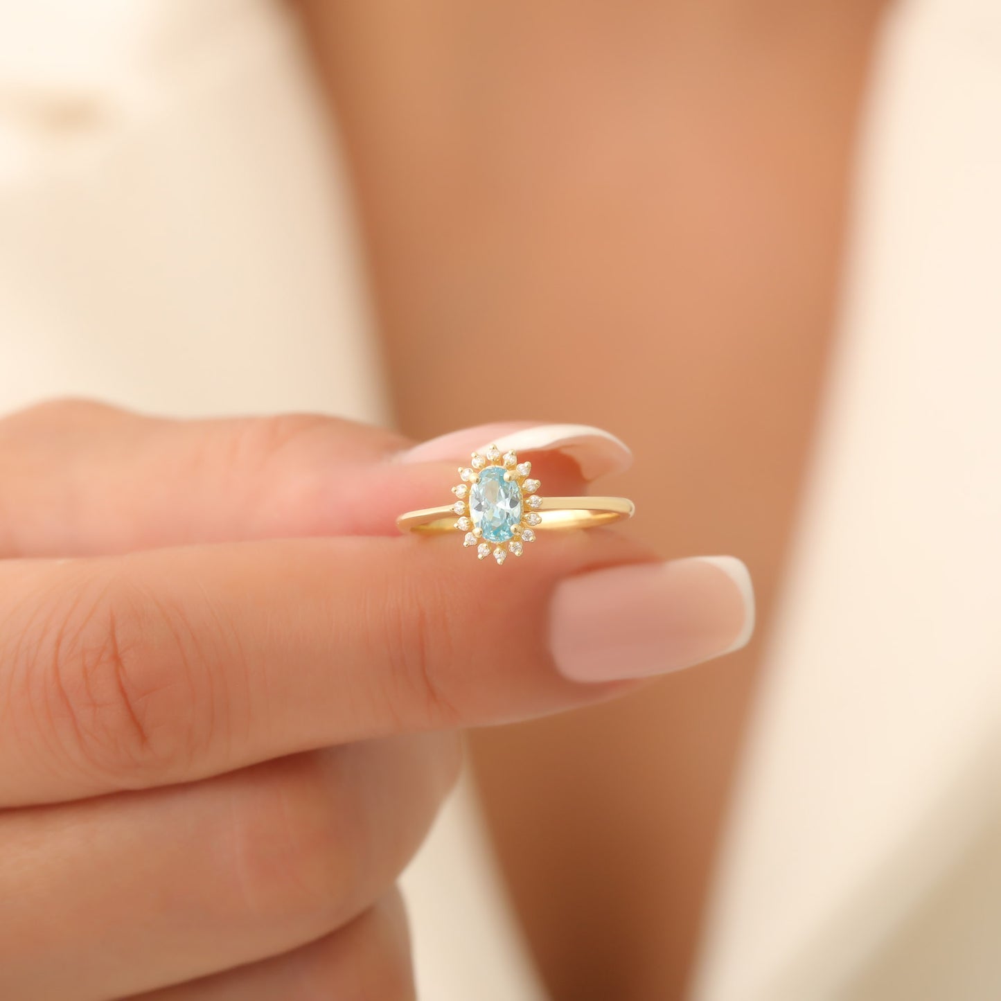 Aquamarine Oval Ring 14K Solid Gold Surrounded by Real Diamonds, March Birthstone Gift