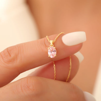 Pink Tourmaline Oval Necklace in 14K Solid Gold | October Birthstone Pendant