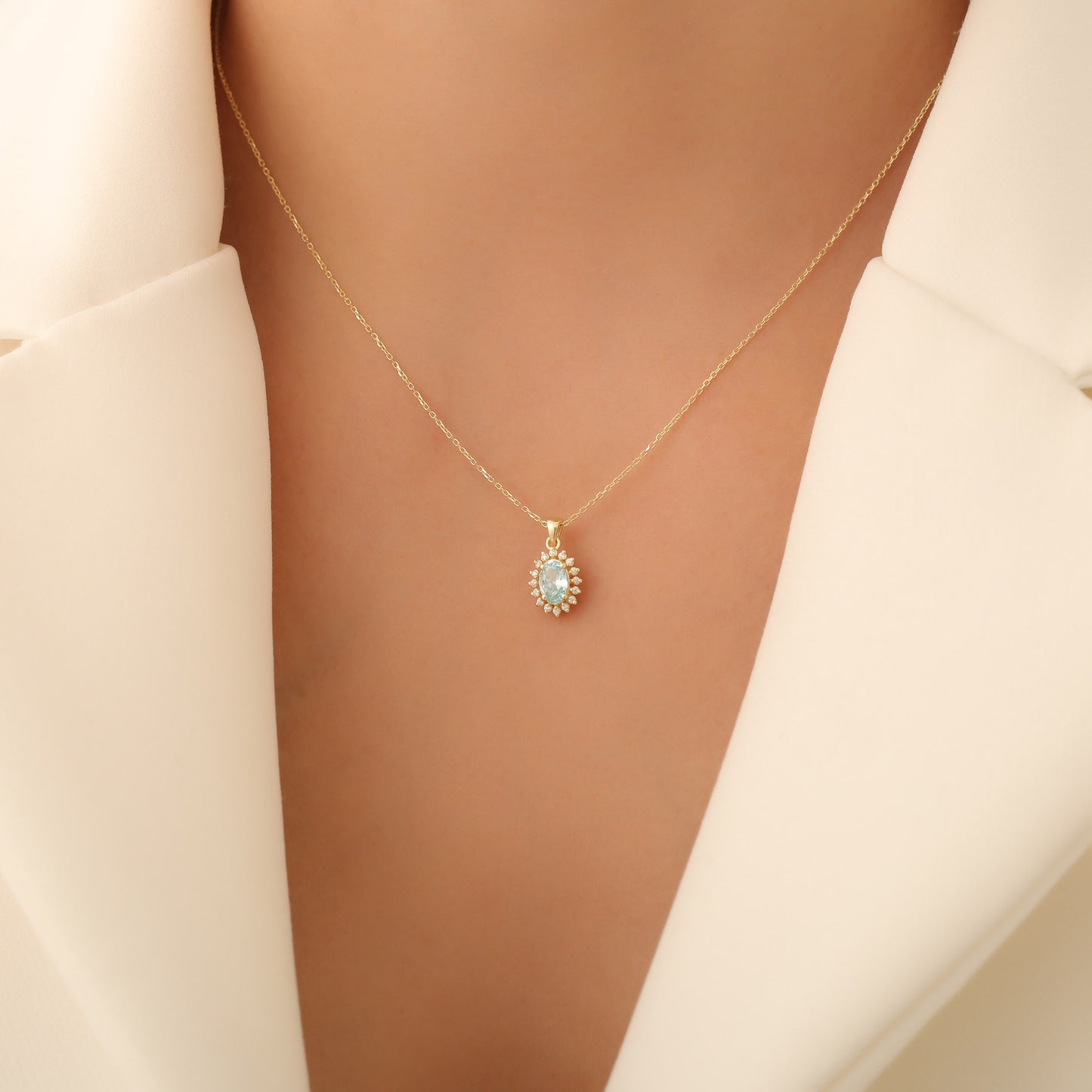 Oval Cut Aquamarine Necklace with Real Diamonds, 14K Solid Gold, March Birthstone Pendant