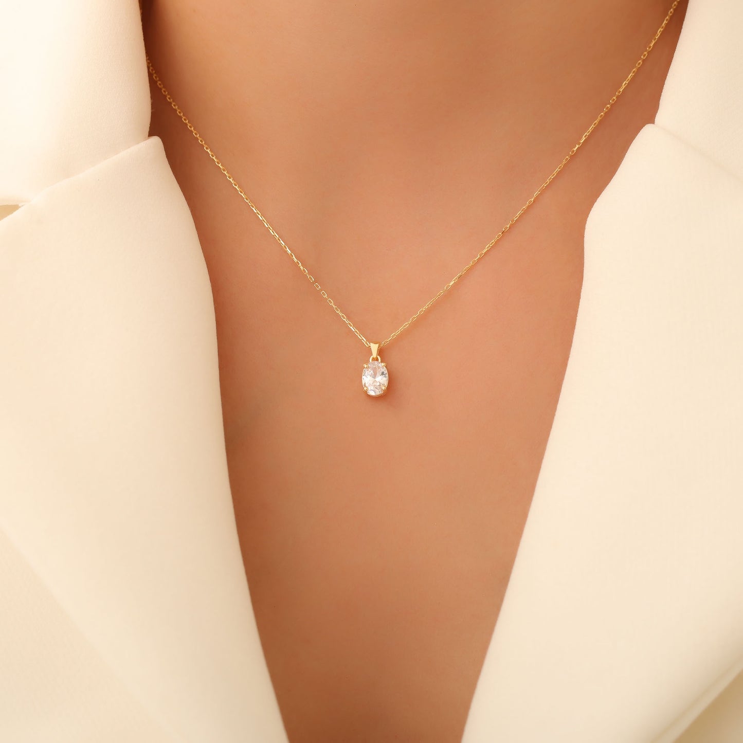 White Topaz Oval Necklace in 14K Solid Gold | April Birthstone Pendant