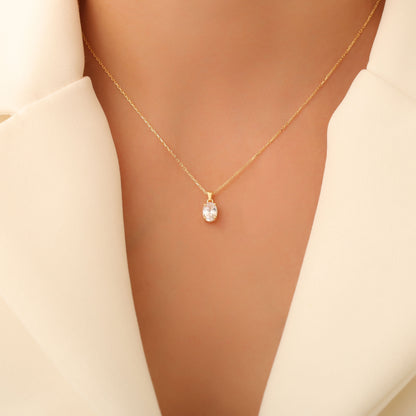 White Topaz Oval Necklace in 14K Solid Gold | April Birthstone Pendant