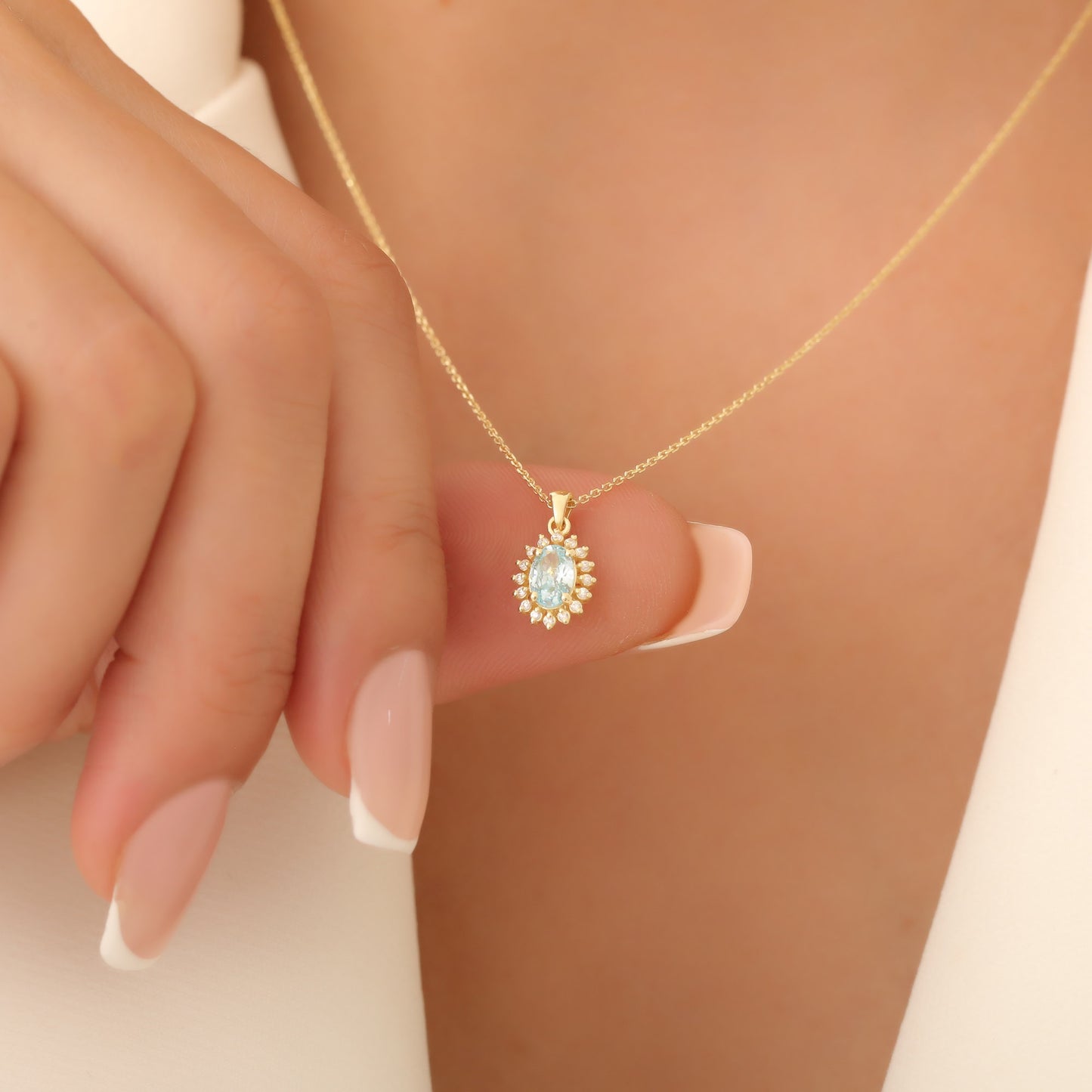 Oval Cut Aquamarine Necklace with Real Diamonds, 14K Solid Gold, March Birthstone Pendant