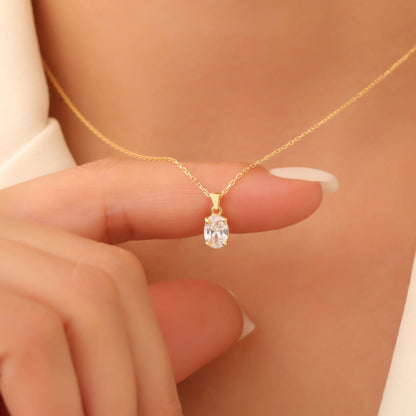 White Topaz Oval Necklace in 14K Solid Gold | April Birthstone Pendant