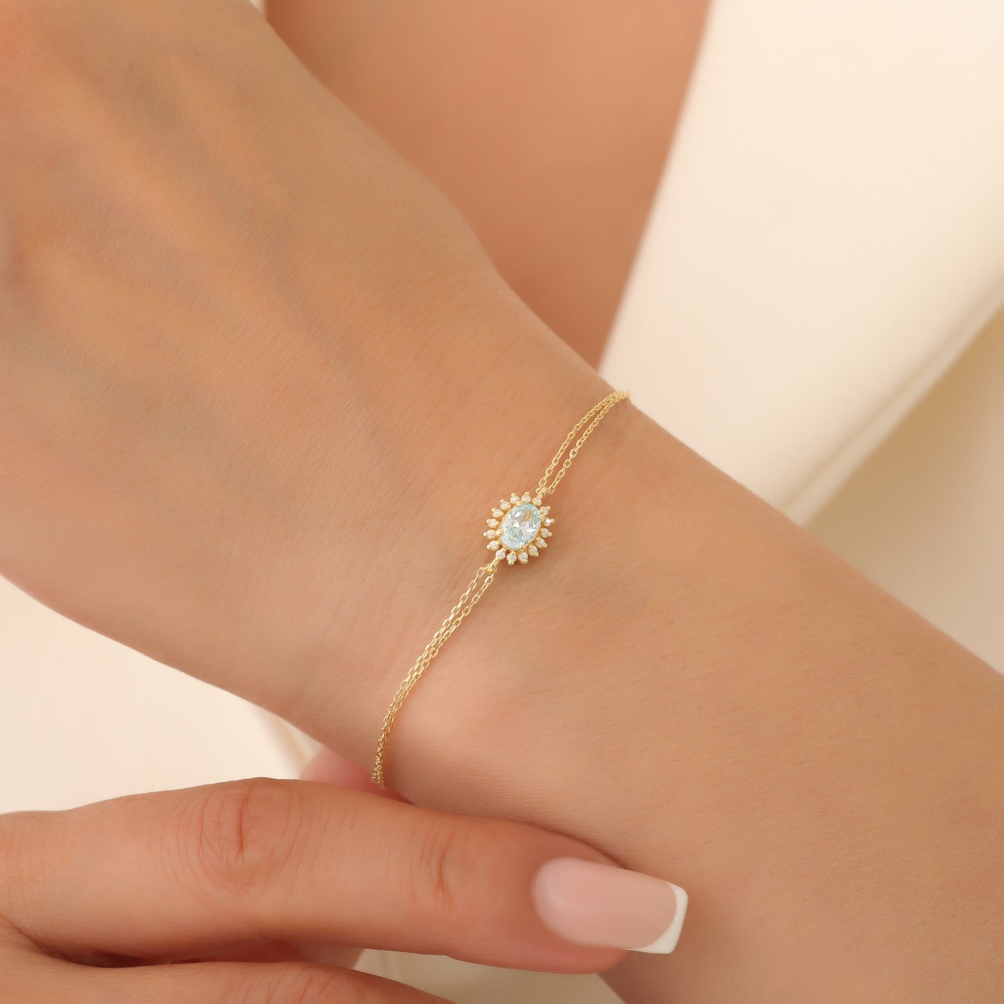 Aquamarine Oval Bracelet 14K Solid Gold Surrounded by Real Diamonds, March Birthstone Gift