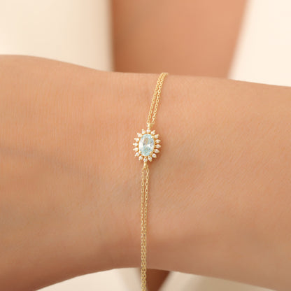 Aquamarine Oval Bracelet 14K Solid Gold Surrounded by Real Diamonds, March Birthstone Gift