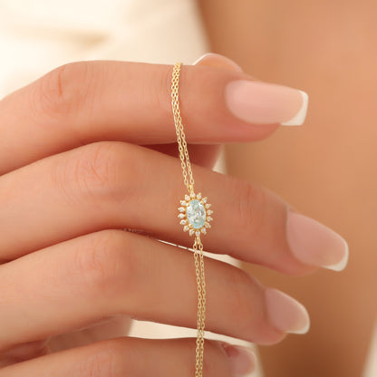 Aquamarine Oval Bracelet 14K Solid Gold Surrounded by Real Diamonds, March Birthstone Gift