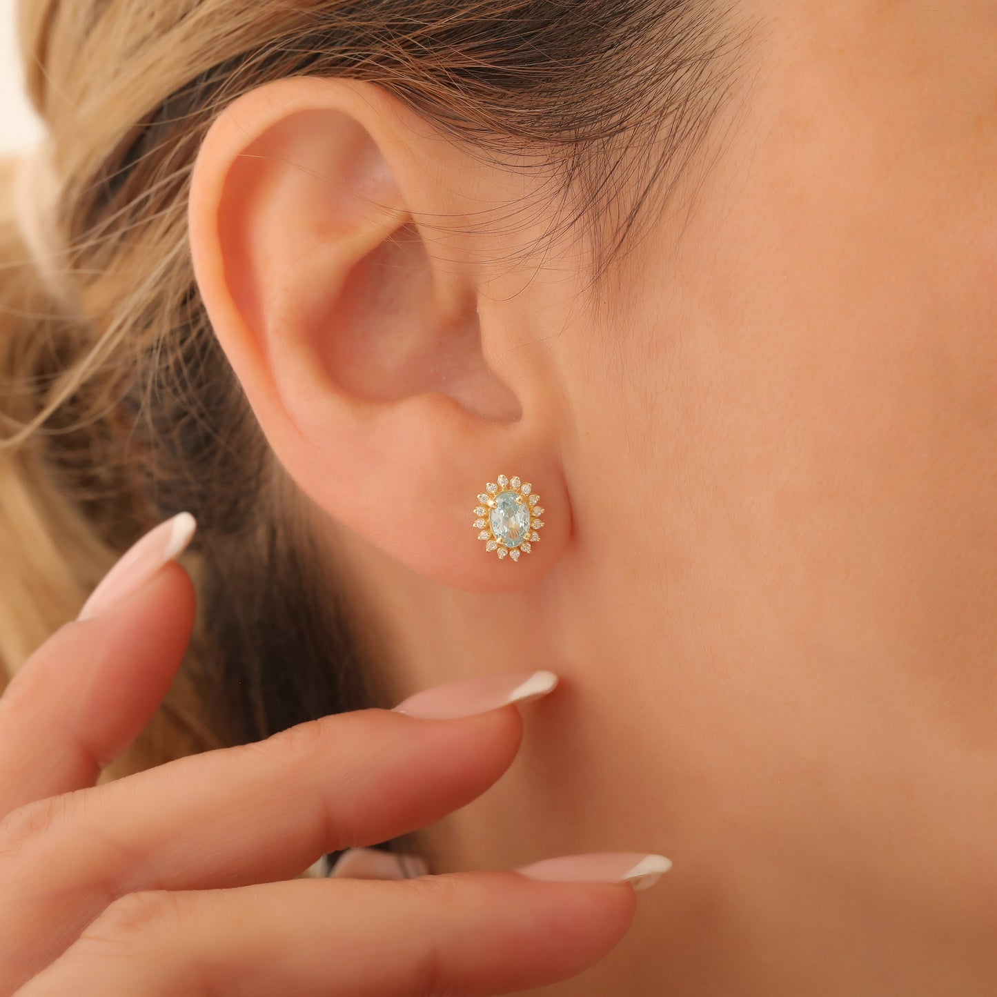 Oval Cut Aquamarine Stud Earring Surrounded by Real Diamonds, 14K Solid Gold, March Birthstone