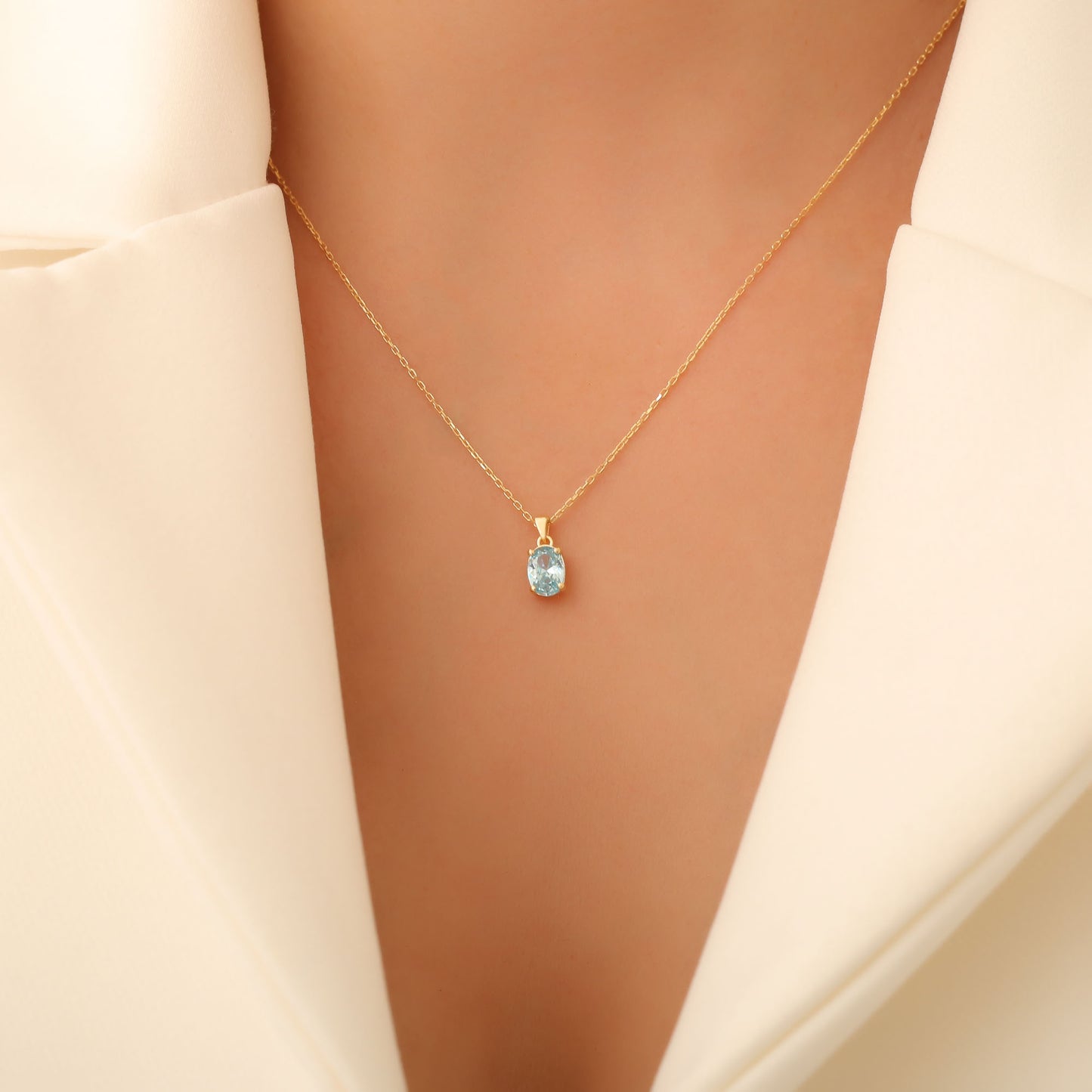 Aquamarine Oval Necklace in 14K Solid Gold | March Birthstone Pendant