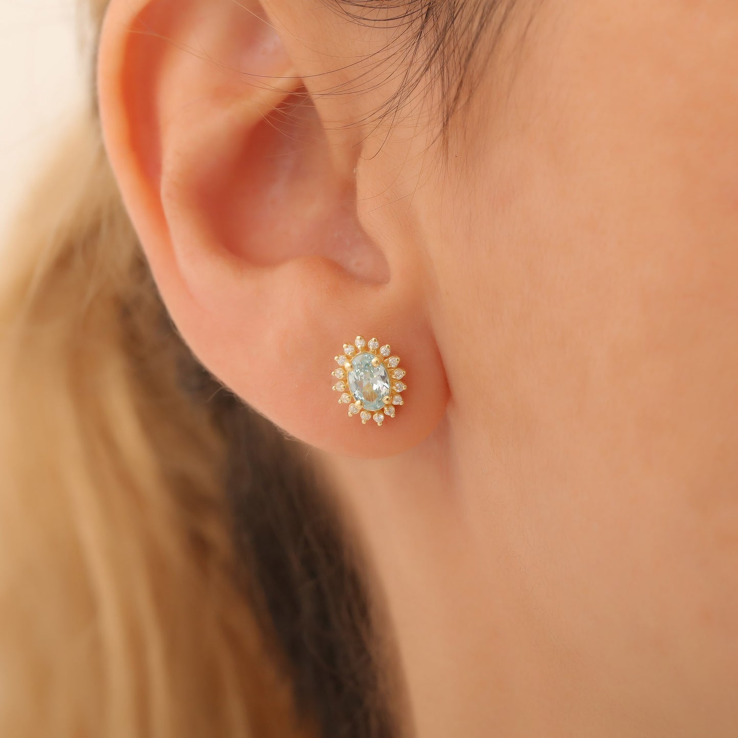 Oval Cut Aquamarine Stud Earring Surrounded by Real Diamonds, 14K Solid Gold, March Birthstone