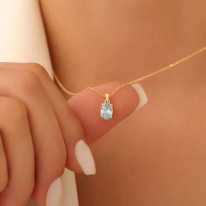 Aquamarine Oval Necklace in 14K Solid Gold | March Birthstone Pendant