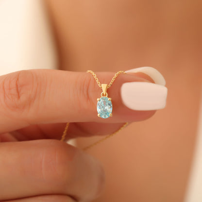 Aquamarine Oval Necklace in 14K Solid Gold | March Birthstone Pendant