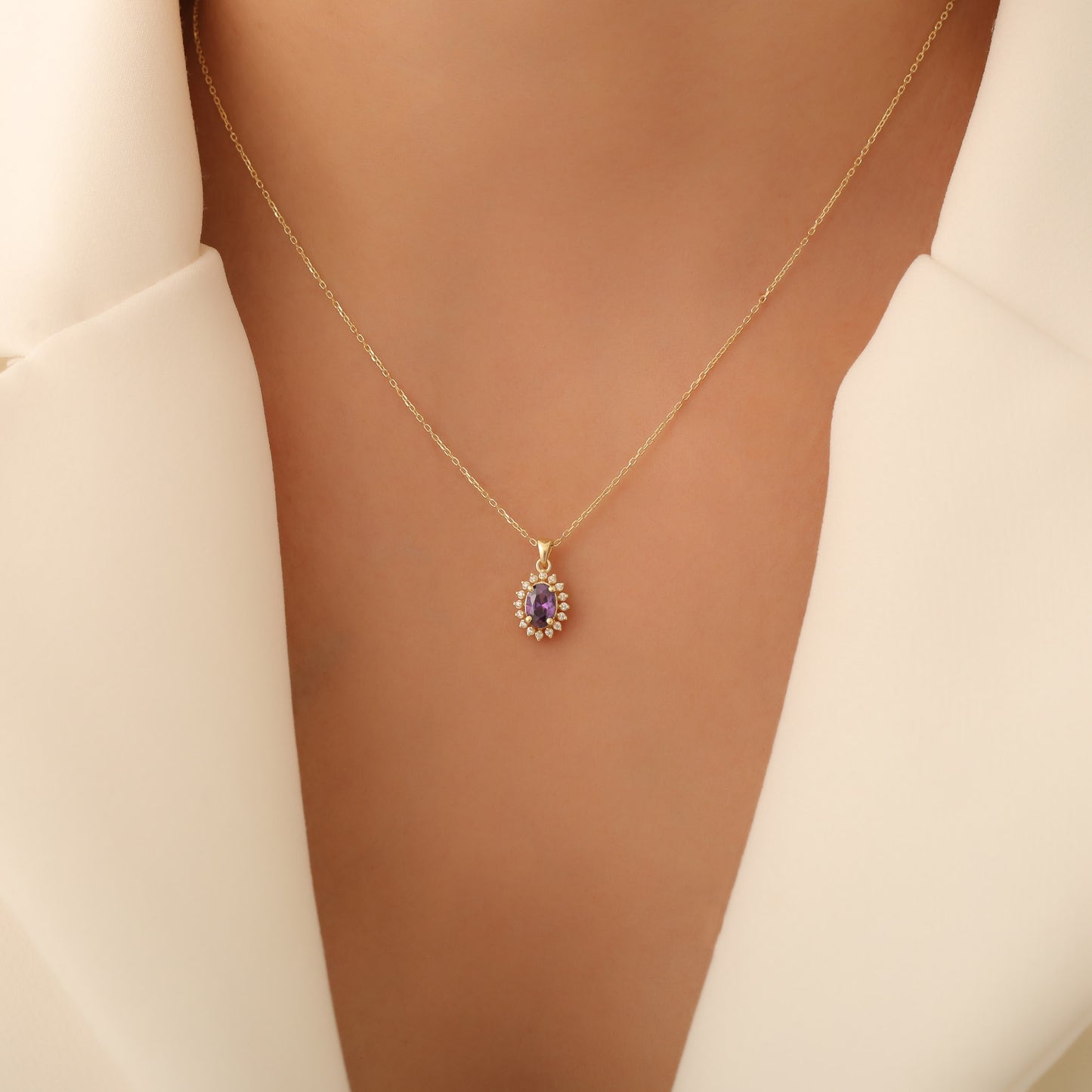 Oval Cut Amethyst Necklace with Real Diamonds, 14K Solid Gold, February Birthstone Pendant