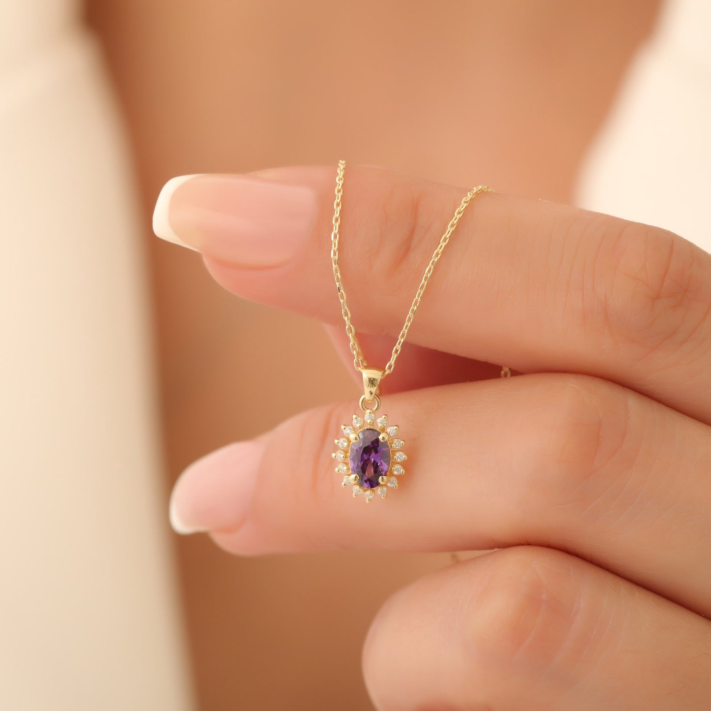 Oval Cut Amethyst Necklace with Real Diamonds, 14K Solid Gold, February Birthstone Pendant