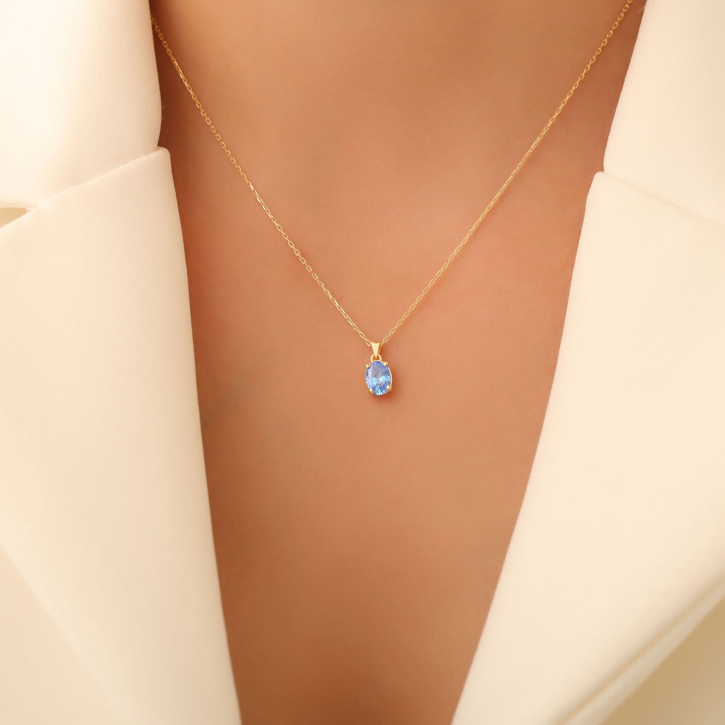 Blue Topaz Oval Necklace in 14K Solid Gold | December Birthstone Pendant