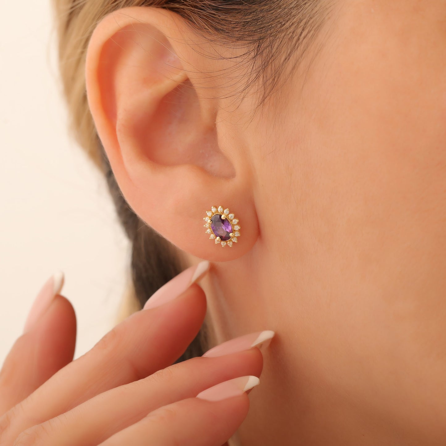 Oval Cut Amethyst Stud Earring Surrounded by Real Diamonds, 14K Solid Gold, February Birthstone