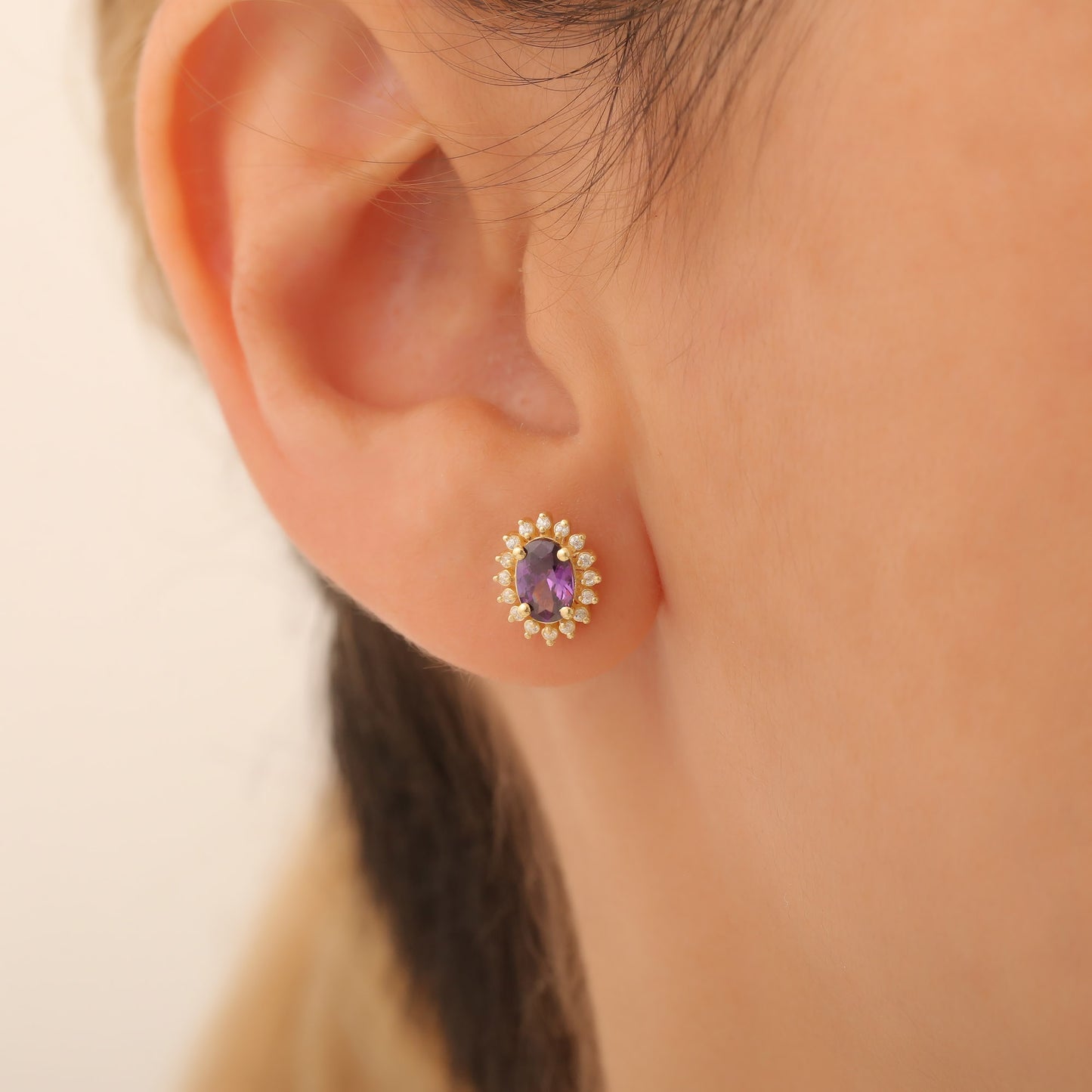 Oval Cut Amethyst Stud Earring Surrounded by Real Diamonds, 14K Solid Gold, February Birthstone