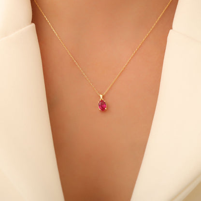 Ruby Oval Necklace in 14K Solid Gold | July Birthstone Pendant