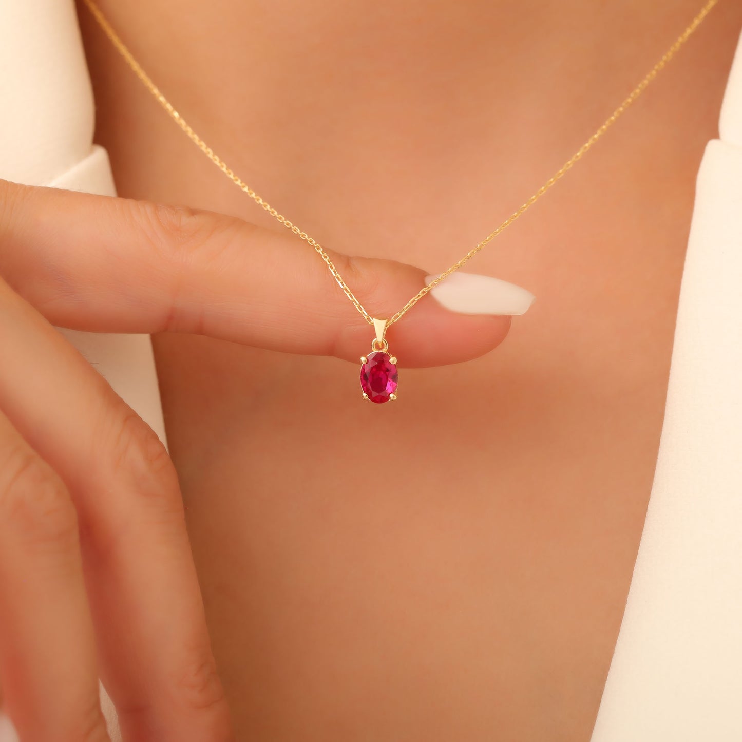 Ruby Oval Necklace in 14K Solid Gold | July Birthstone Pendant