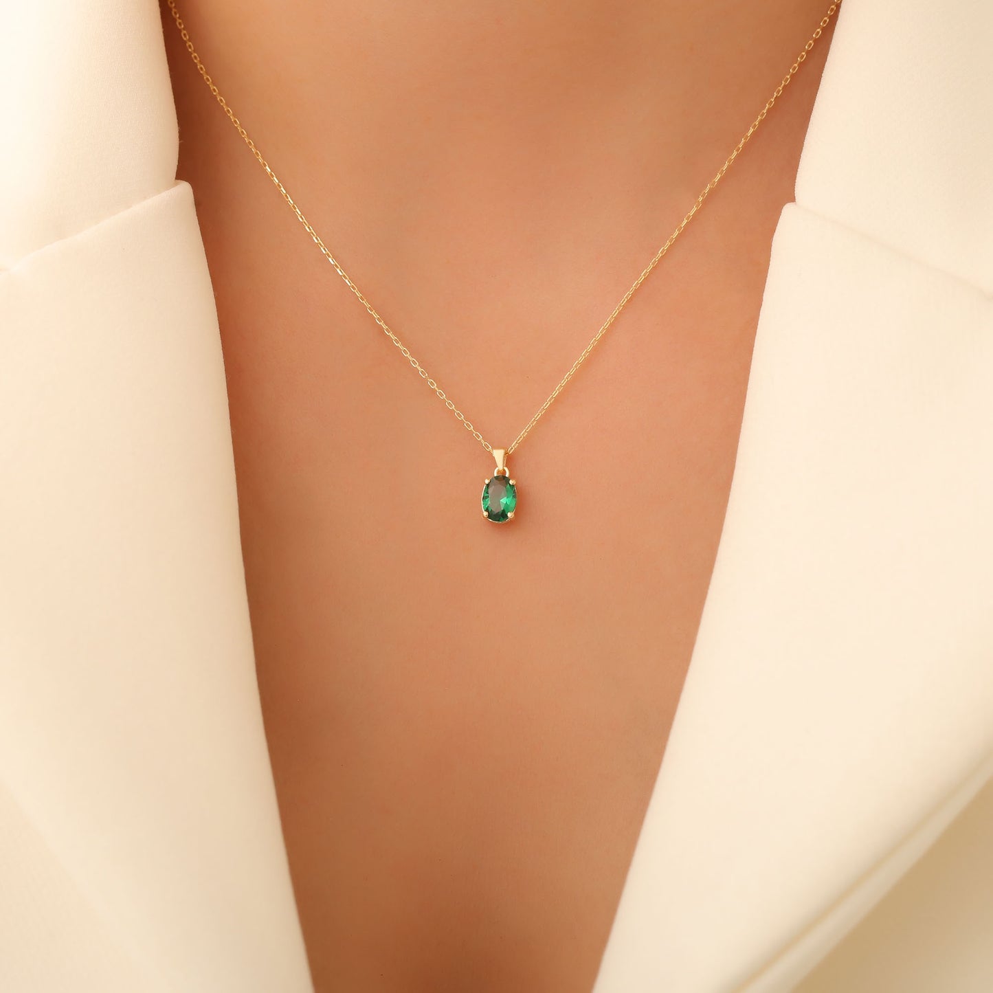 Emerald Oval Necklace in 14K Solid Gold | May Birthstone Pendant