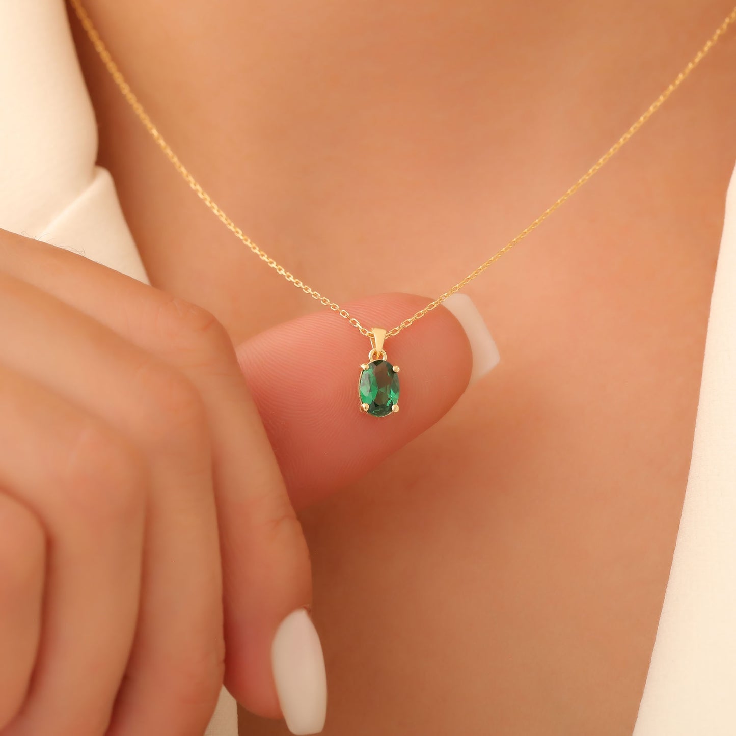 Emerald Oval Necklace in 14K Solid Gold | May Birthstone Pendant