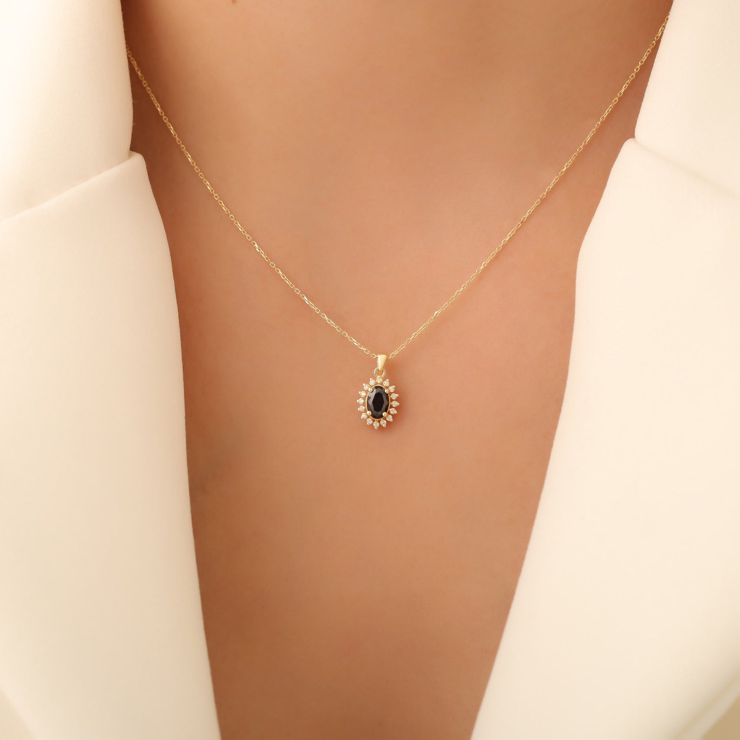 Oval Cut Smoky Quartz Necklace with Real Diamonds, 14K Solid Gold Pendant