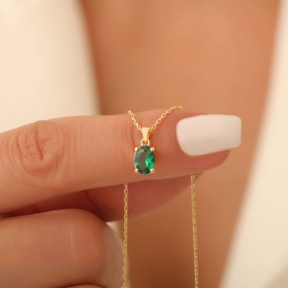 Emerald Oval Necklace in 14K Solid Gold | May Birthstone Pendant