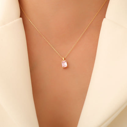 Rectangle Pink Tourmaline Necklace in 14K Solid Gold, October Birthstone Pendant