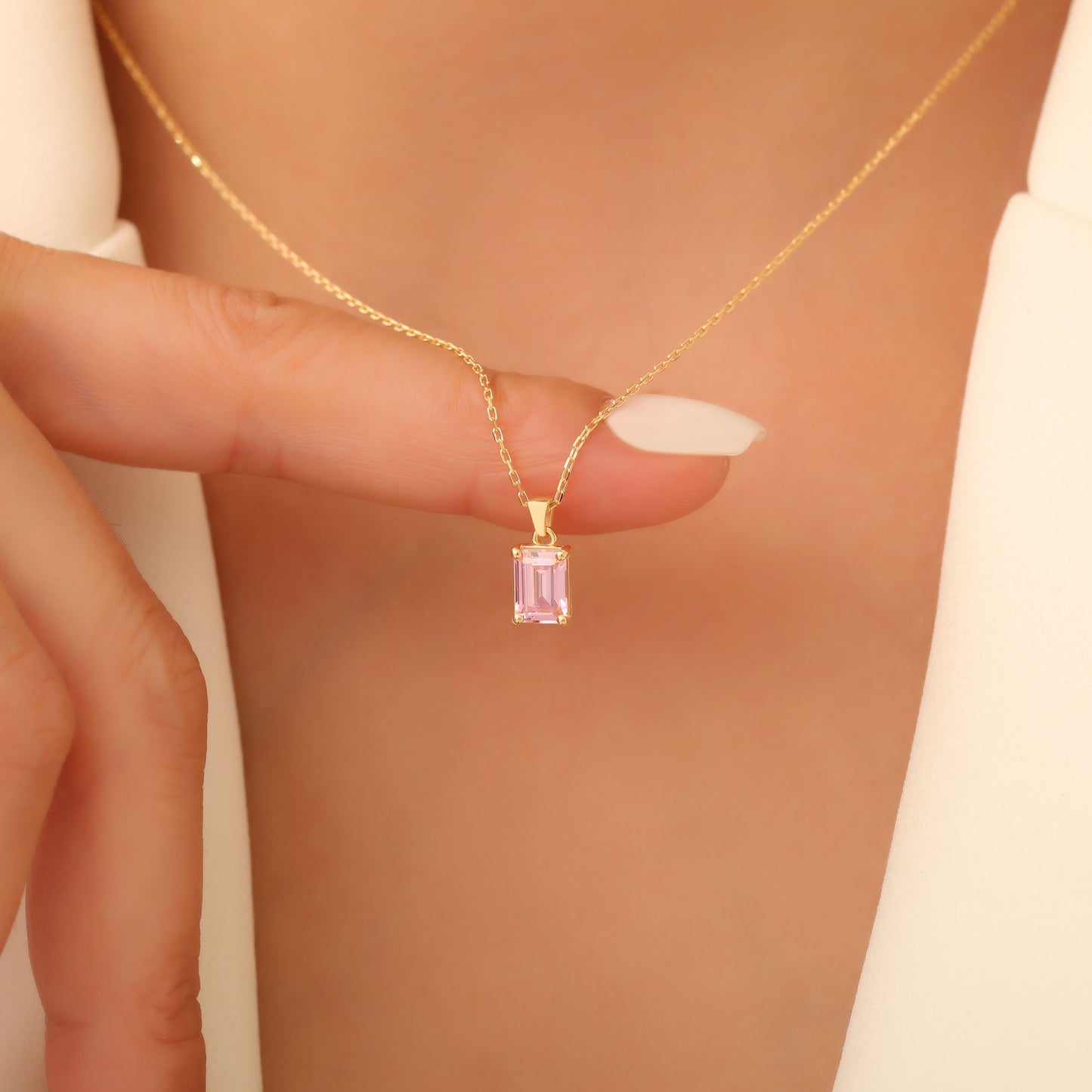 Rectangle Pink Tourmaline Necklace in 14K Solid Gold, October Birthstone Pendant