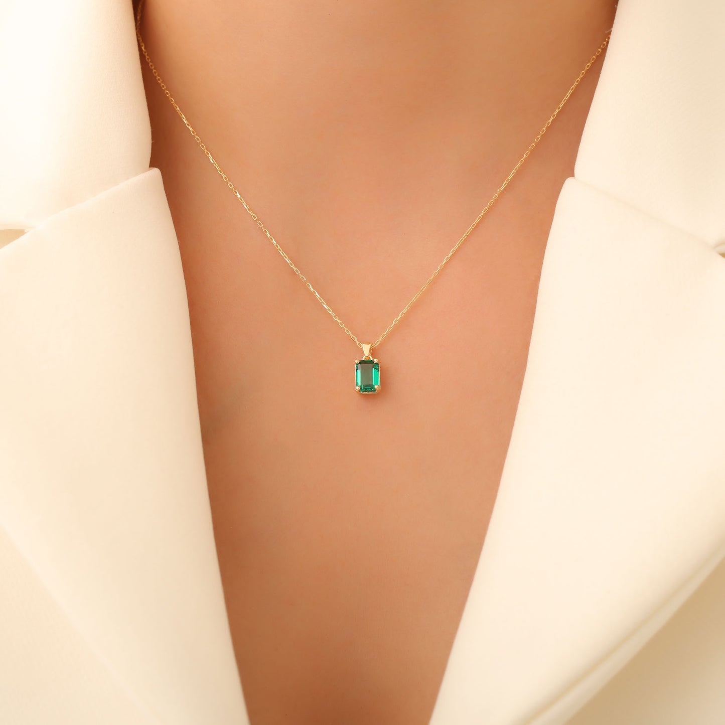 Rectangle Emerald Necklace in 14K Solid Gold, May Birthstone Pendant