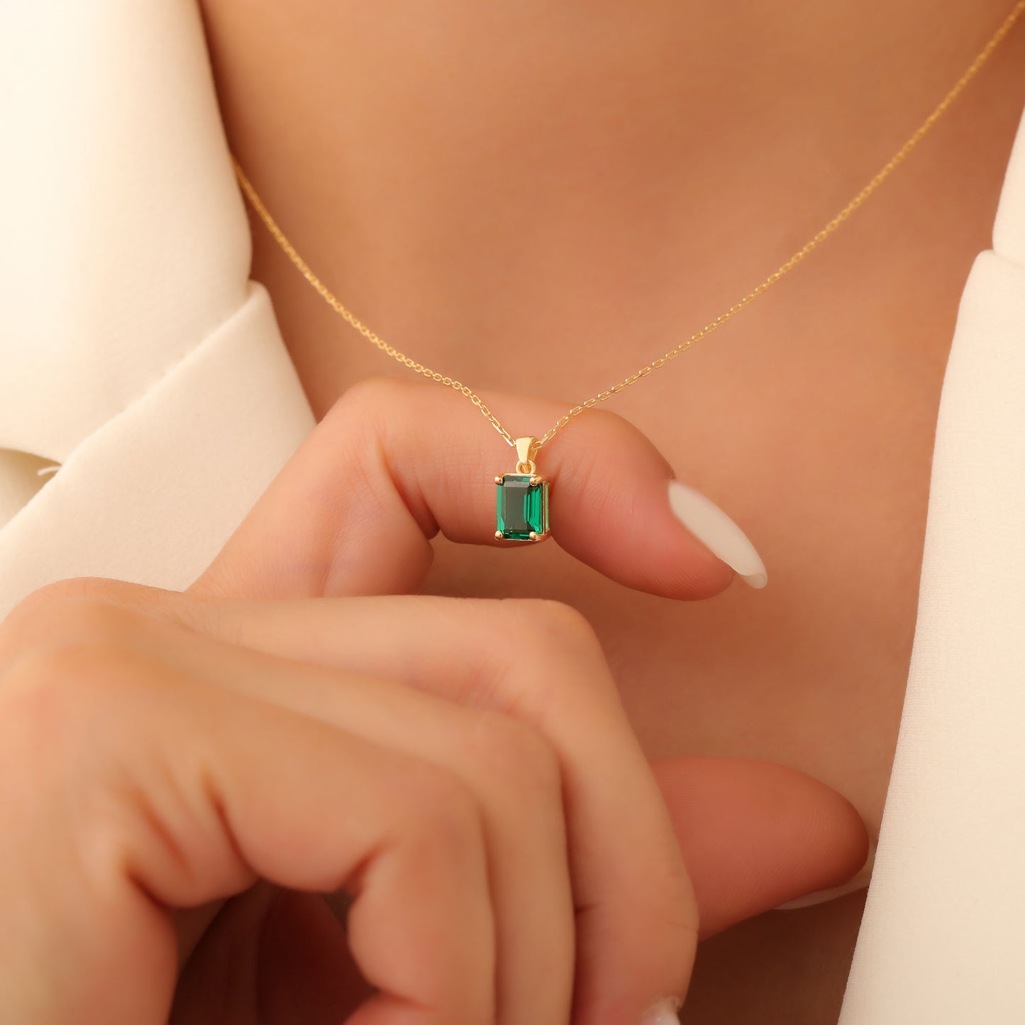 Rectangle Emerald Necklace in 14K Solid Gold, May Birthstone Pendant