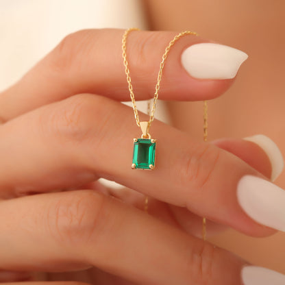 Rectangle Emerald Necklace in 14K Solid Gold, May Birthstone Pendant