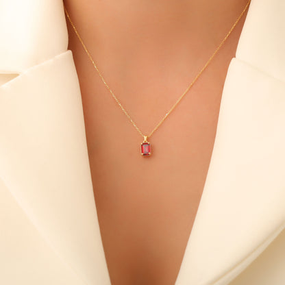 Rectangle Garnet Necklace in 14K Solid Gold, January Birthstone Pendant