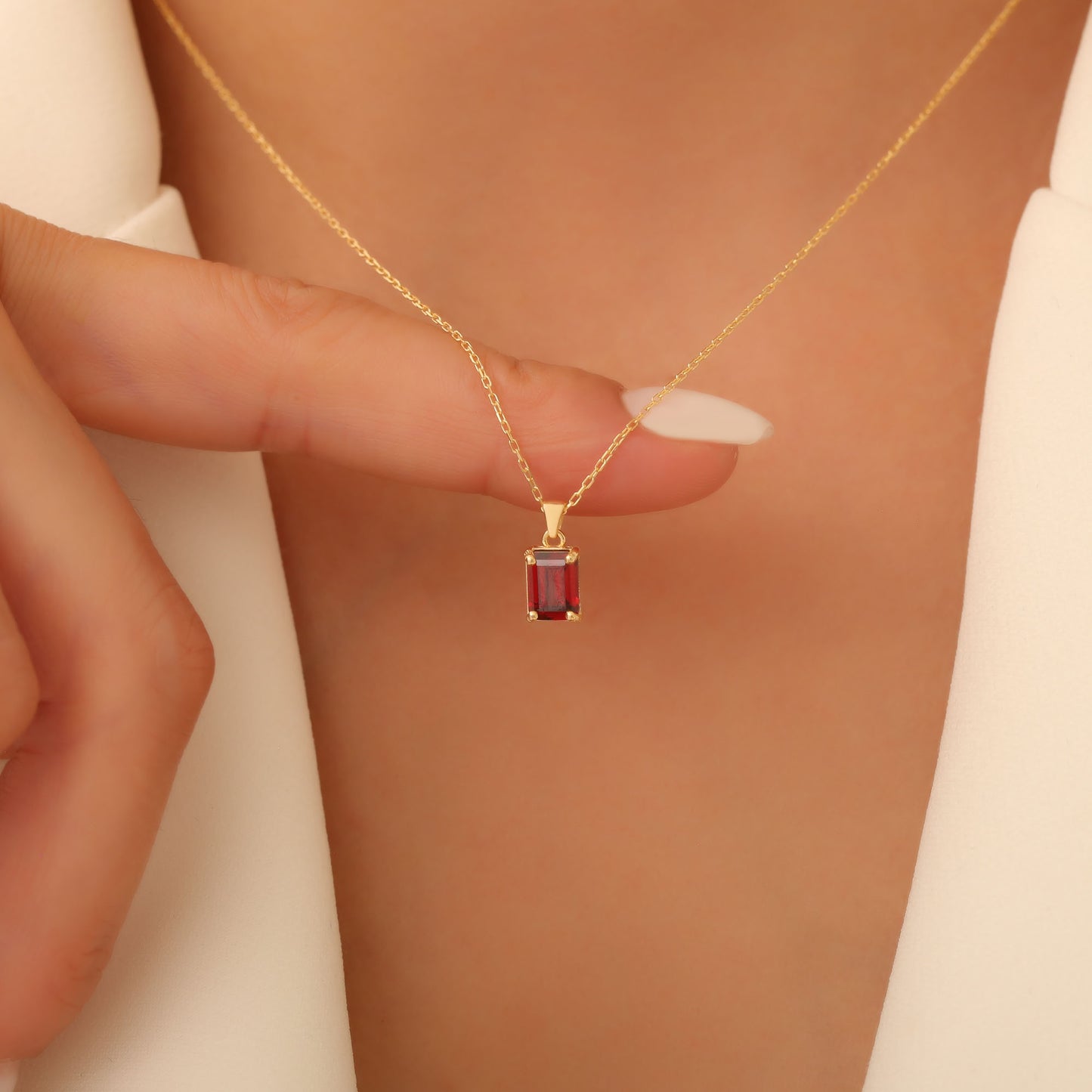 Rectangle Garnet Necklace in 14K Solid Gold, January Birthstone Pendant