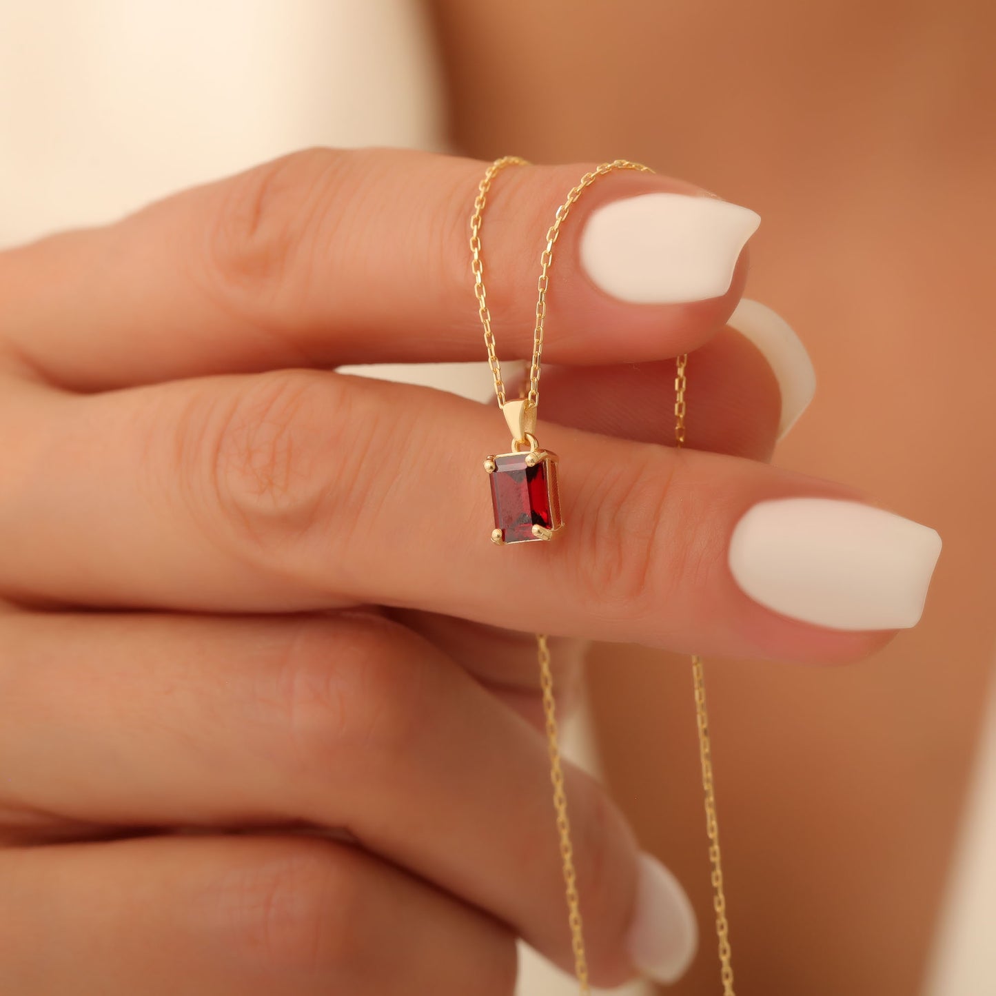 Rectangle Garnet Necklace in 14K Solid Gold, January Birthstone Pendant