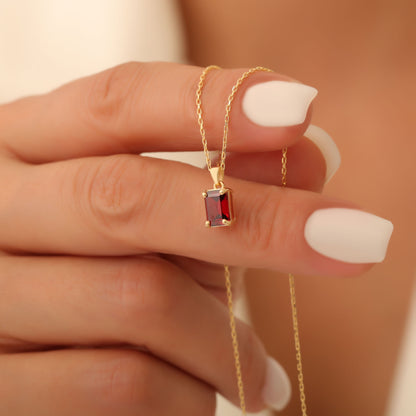 Rectangle Garnet Necklace in 14K Solid Gold, January Birthstone Pendant