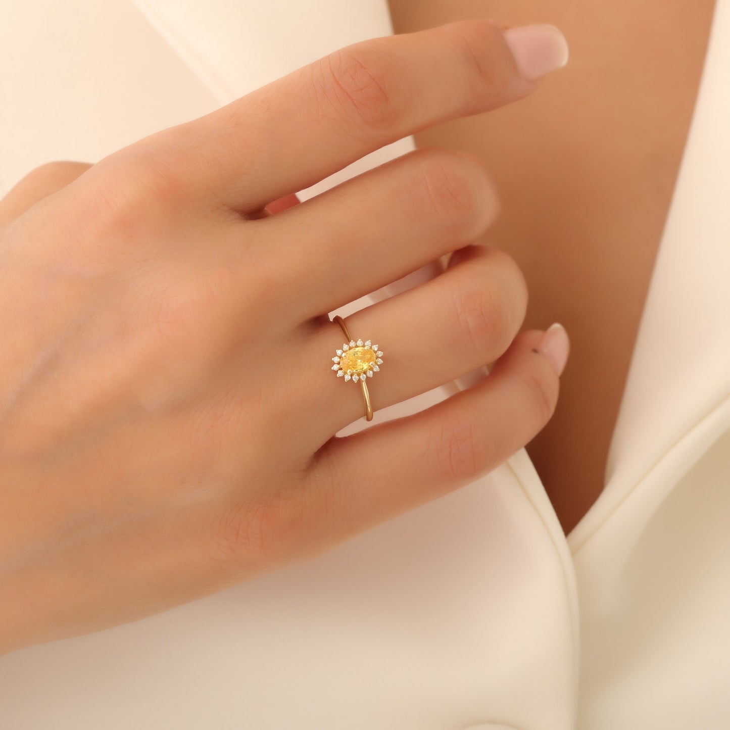 Yellow Topaz Oval Ring 14K Solid Gold Surrounded by Real Diamonds