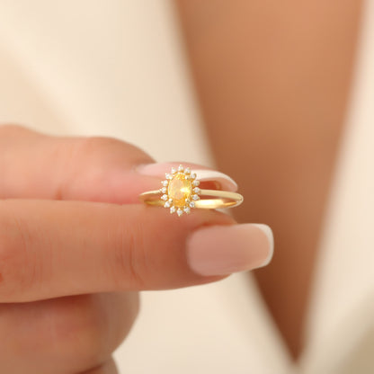 Yellow Topaz Oval Ring 14K Solid Gold Surrounded by Real Diamonds